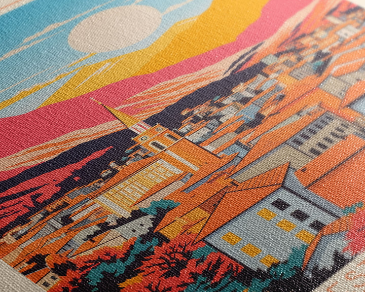 Elbasan Albania Travel Poster Framed Canvas Print, Midcentury Modern Art, Pop Art Wall Decor, Home Decor, Vacation Gift, Bedroom Art