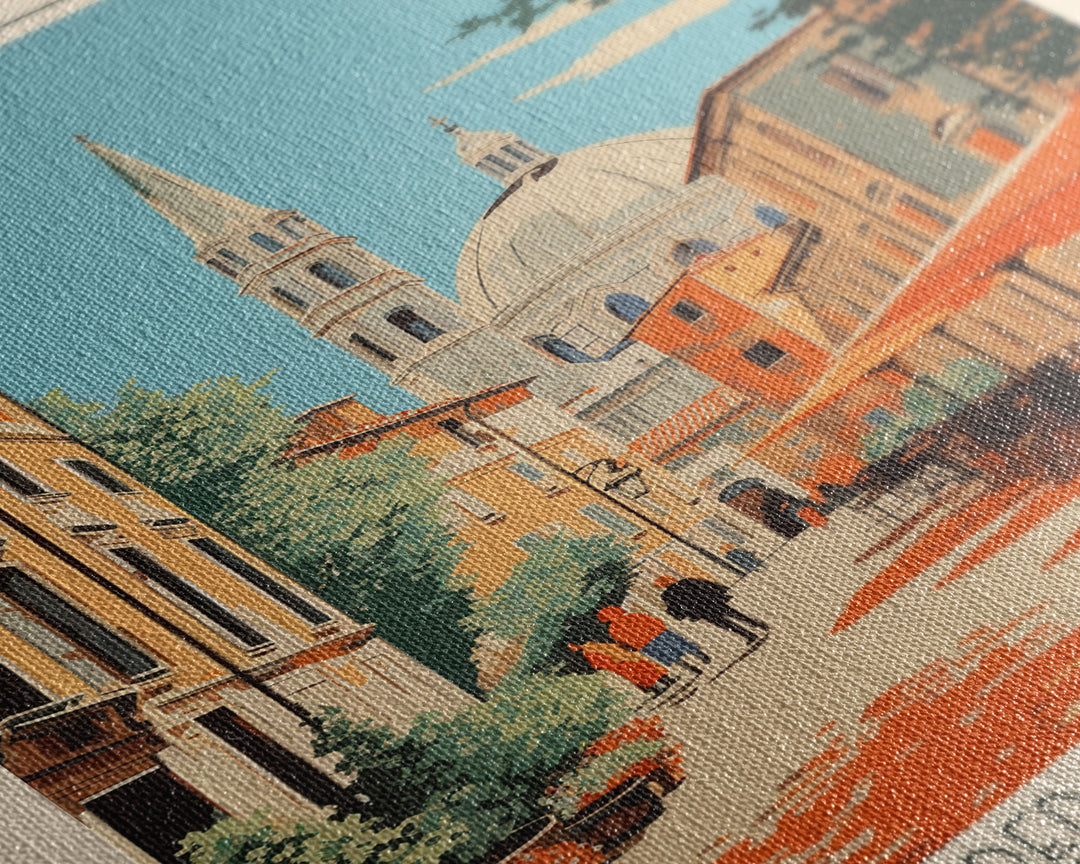 Ferrara Italy Travel Poster Framed Canvas Print, Midcentury Modern Art, Pop Art Wall Decor, Scenic Living Room Art, Bedroom Gift