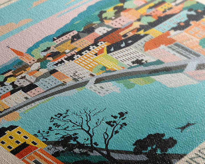 Fredrikstad Norway Travel Poster Framed Canvas Print, Midcentury Modern Art, Pop Art Wall Decor, Scenic Wall Art, Bedroom Decoration