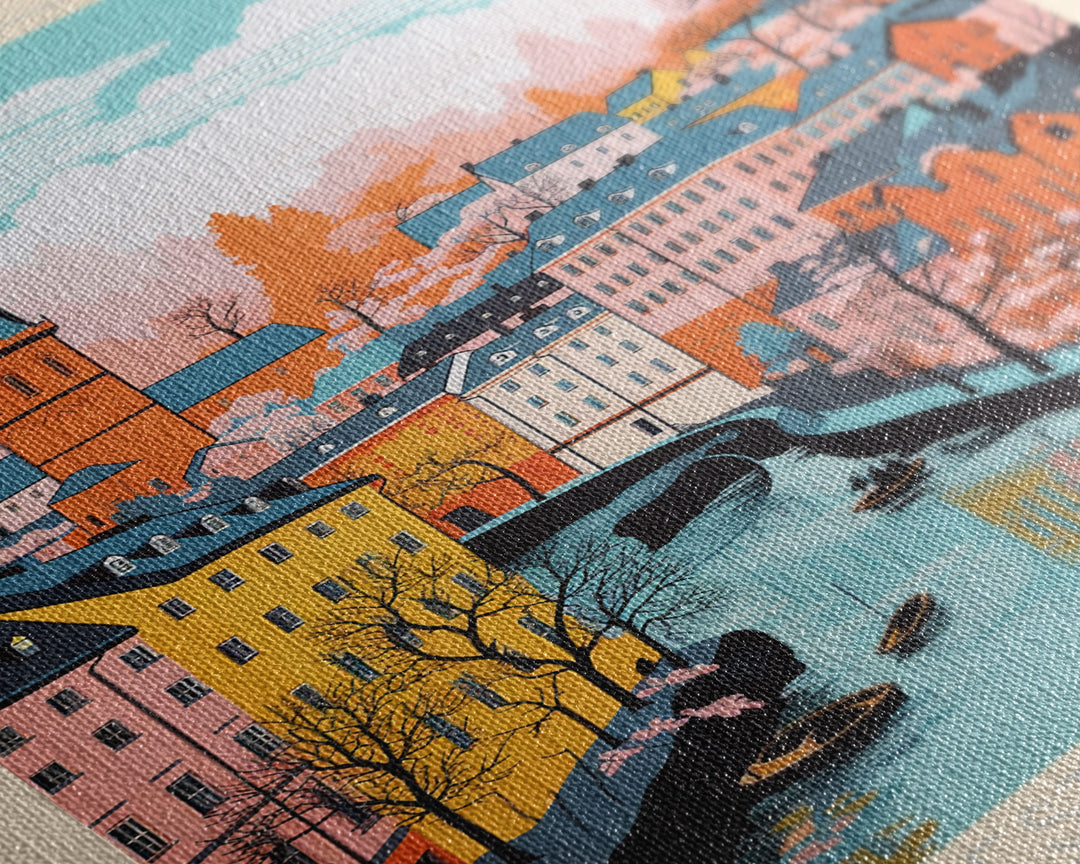 Gävle Sweden Travel Poster Framed Canvas Print, Midcentury Modern Art, Pop Art Wall Decor, Scenic Wall Art, Bedroom Decoration