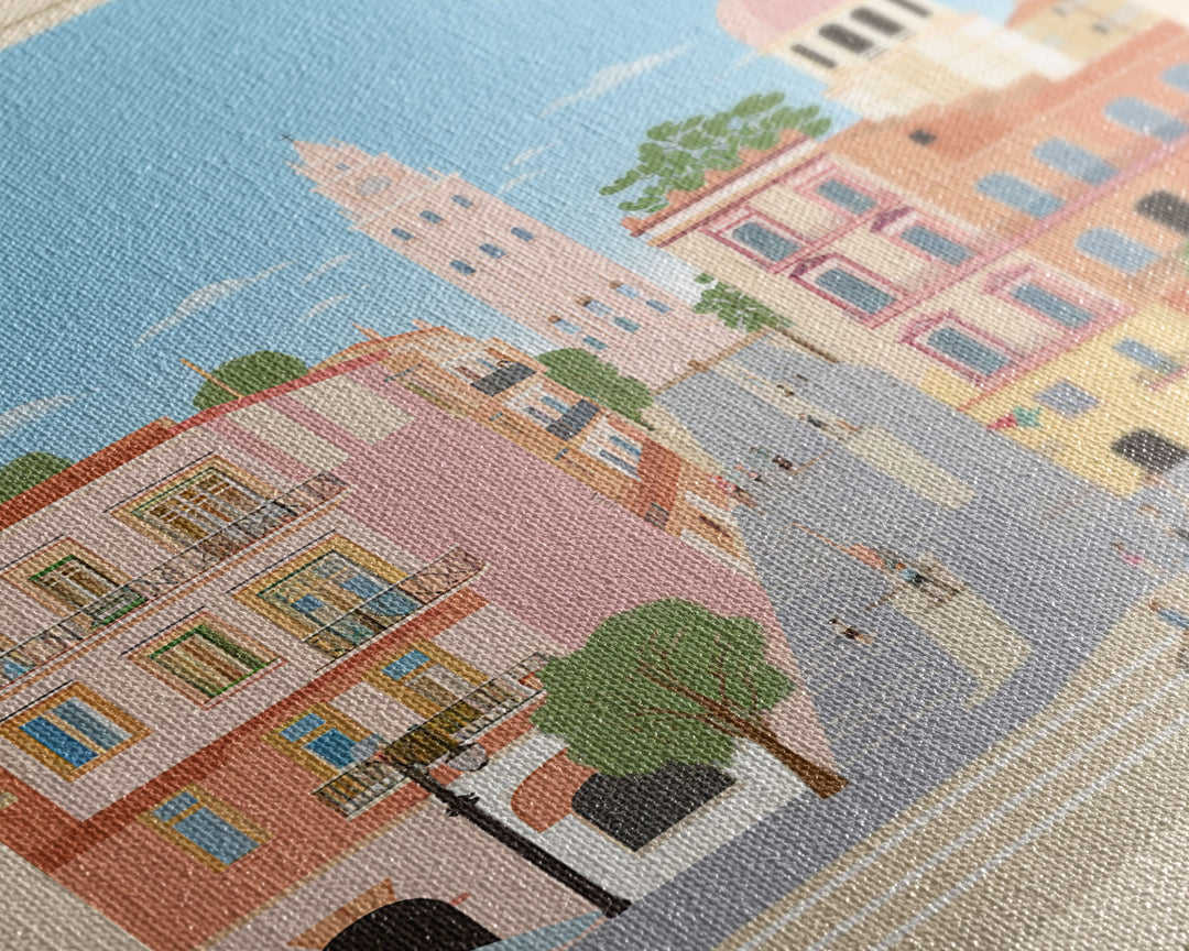 Huelva Spain Travel Poster Framed Canvas Print, Midcentury Modern Art, Pop Art Wall Decor, Scenic Wall Art, Living Room Decoration, Office Art