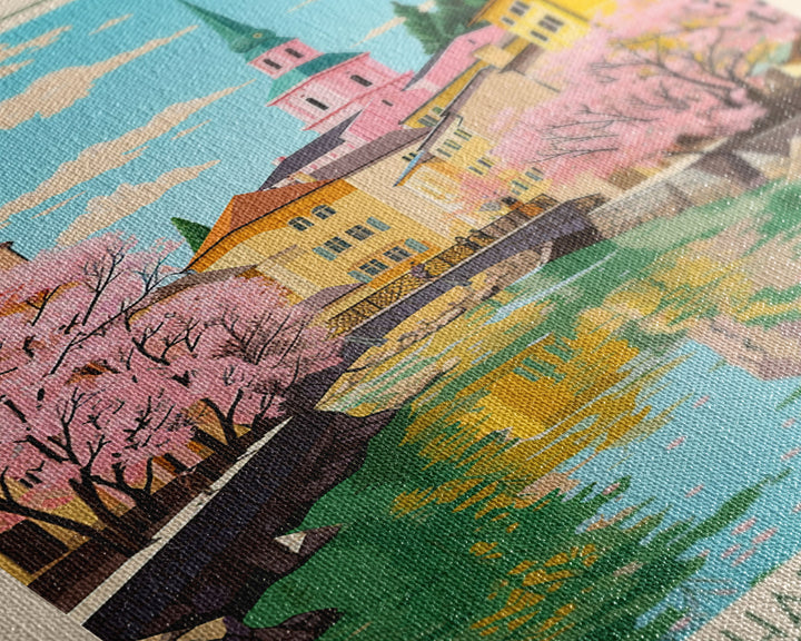 Karlovac Croatia Travel Poster Framed Canvas Print, Midcentury Modern Art, Pop Art Wall Decor, Scenic Living Room Art, Bedroom Decor