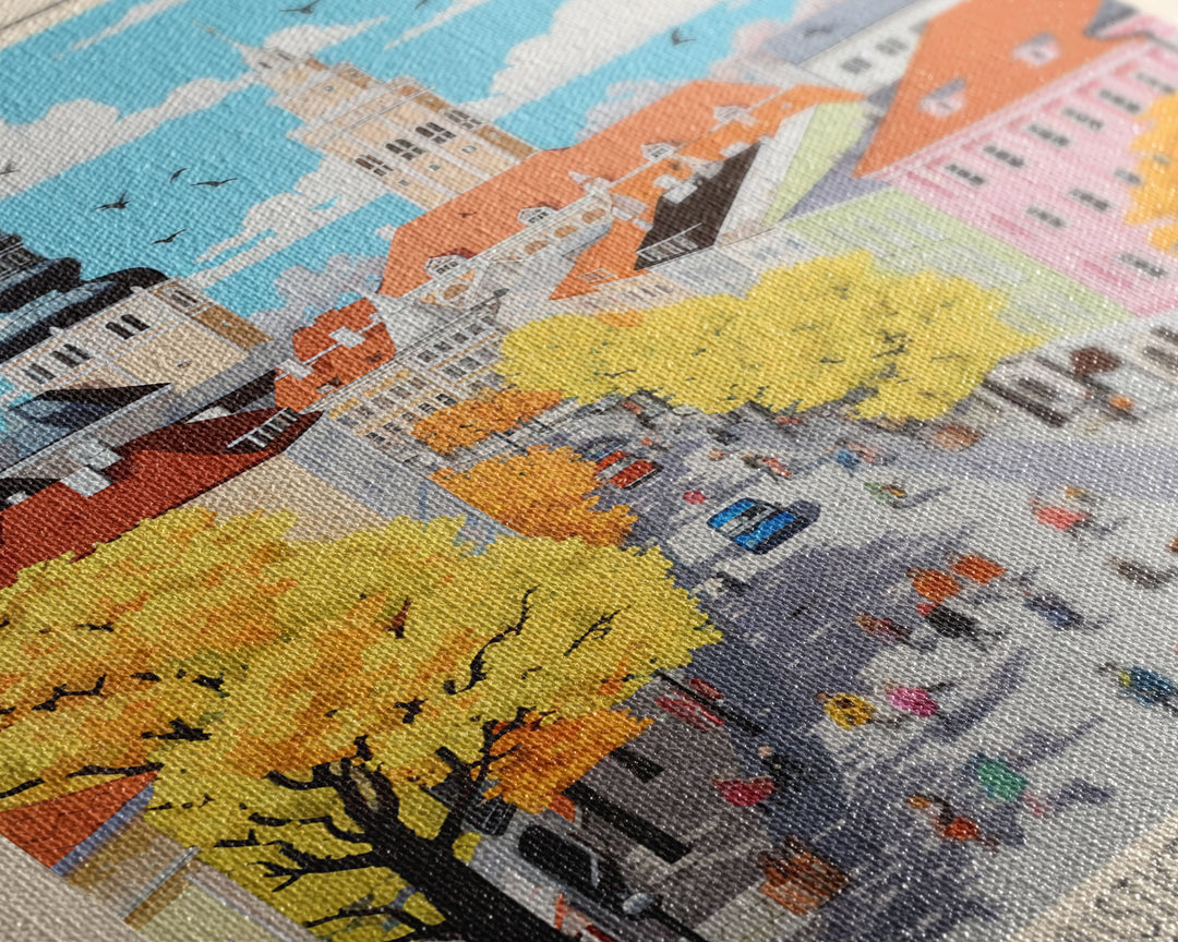 Kaunas Lithuania Travel Poster Framed Canvas Print, Midcentury Modern Art, Pop Art Wall Decor, Scenic Living Room Art, Bedroom Gift