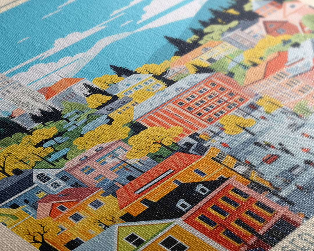 Kuopio Finland Travel Poster Framed Canvas Print, Midcentury Modern Art, Pop Art Wall Decor, Home Decor, Vacation Gift, Bedroom Art