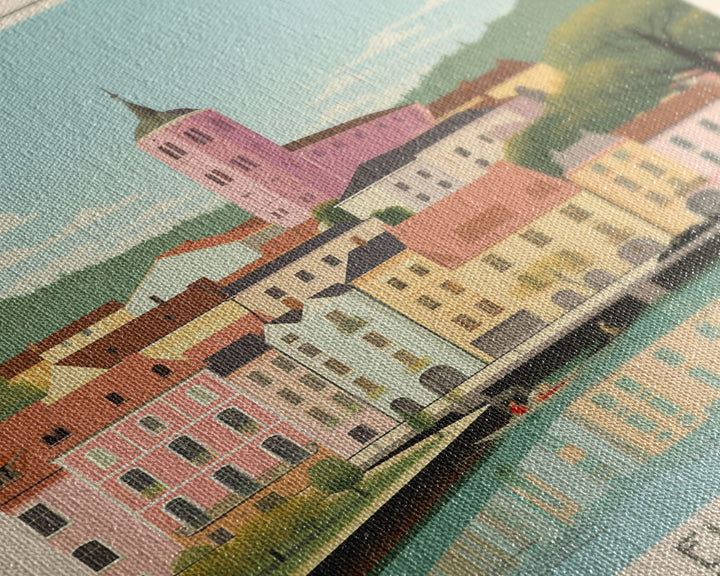 La Louvière Belgium Travel Poster Framed Canvas Print, Midcentury Modern Art, Pop Art Wall Decor, Scenic Living Room Art, Bedroom Gift