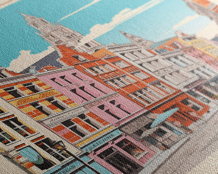 Liège Belgium Travel Poster Framed Canvas Print, Midcentury Modern Art, Pop Art Wall Decor, Scenic Art, Home and Office Decoration