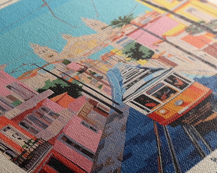 Lisbon Portugal Travel Poster Framed Canvas Print, Midcentury Modern Art, Pop Art Wall Decor, Scenic Art, Living Room and Office Gift