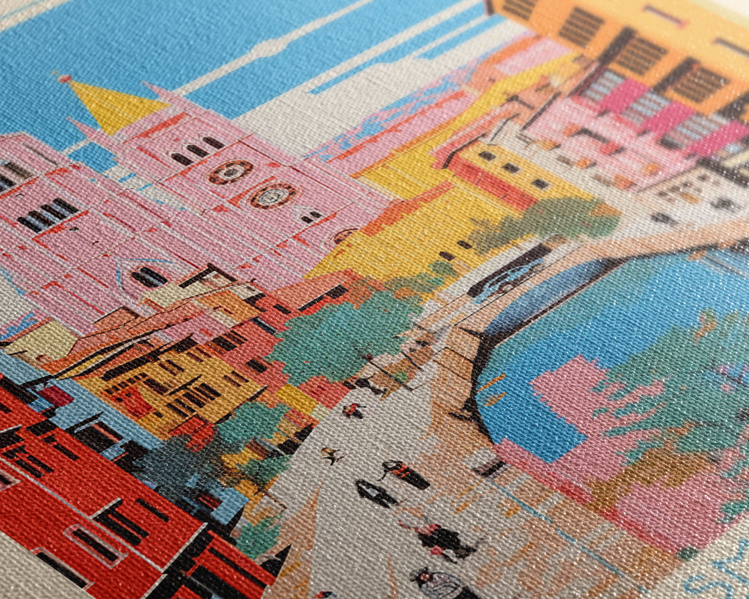 Lleida Spain Travel Poster Framed Canvas Print, Midcentury Modern Art, Pop Art Wall Decor, Scenic Art, Living Room and Office Gift