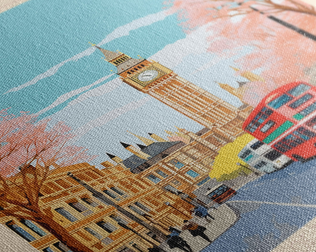 London United Kingdom Travel Poster Framed Canvas Print, Wall Decor, Midcentury Modern Art, Pop Art, Scenic Art for Office and Home