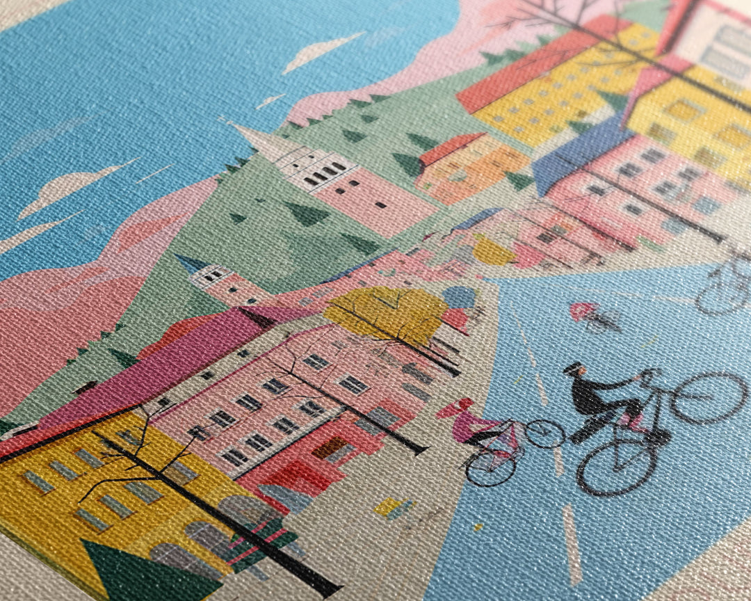 Loznica Serbia Travel Poster Framed Canvas Print, Midcentury Modern Art, Pop Art Wall Decor, Scenic Art, Home and Office Decoration