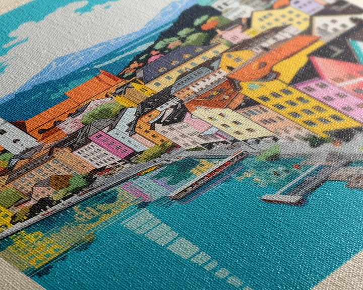 Lucerne Switzerland Travel Poster Framed Canvas Print, Midcentury Modern Art, Pop Art Wall Decor, Scenic Art, Living Room and Office Gift