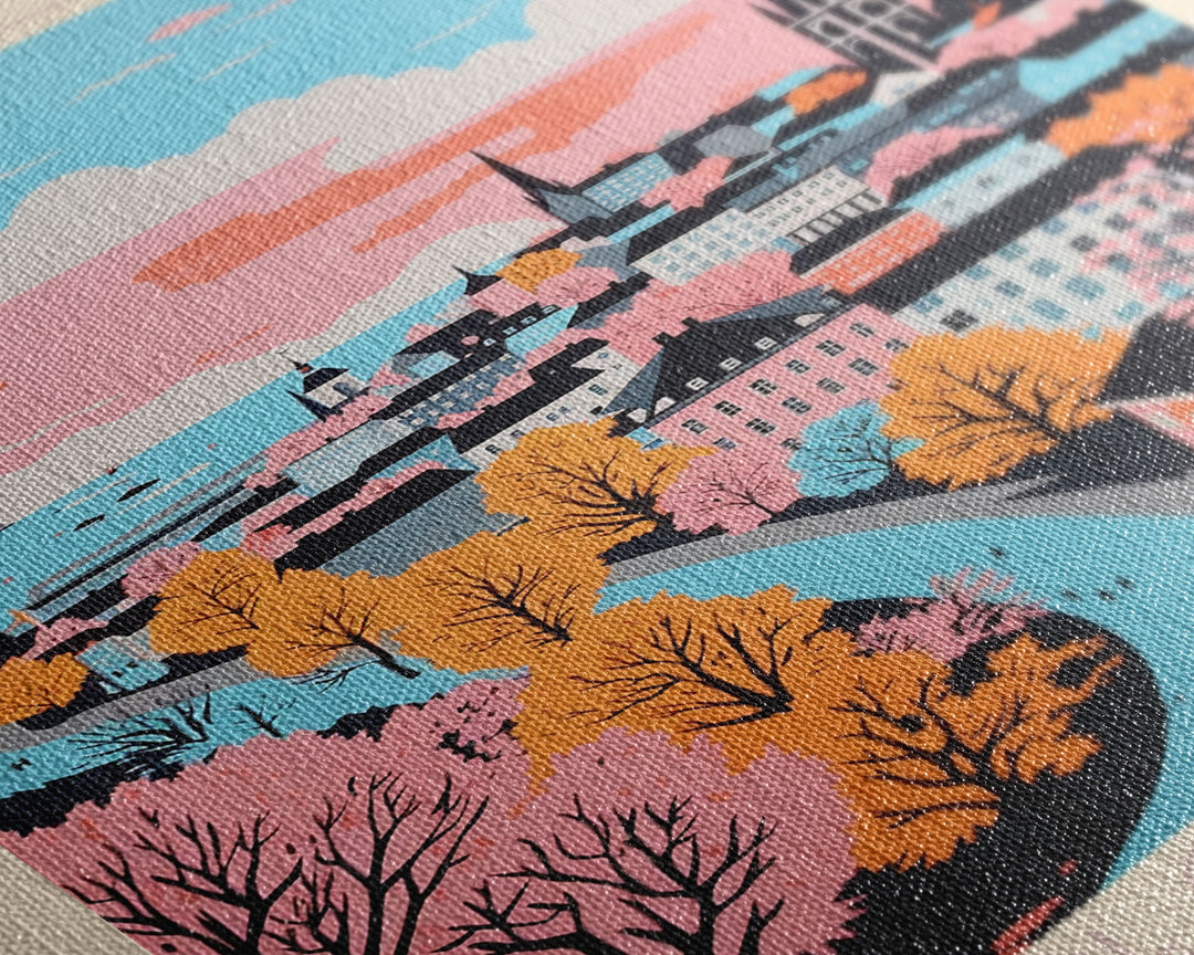 Lund Sweden Travel Poster Framed Canvas Print, Midcentury Modern Art, Pop Art Wall Decor, Scenic Art, Home and Office Decoration