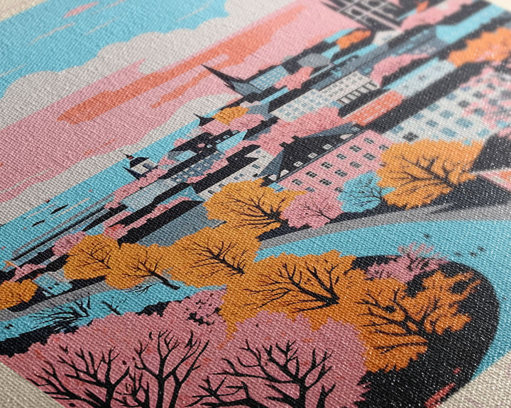 Lund Sweden Travel Poster Framed Canvas Print, Midcentury Modern Art, Pop Art Wall Decor, Scenic Art, Home and Office Decoration