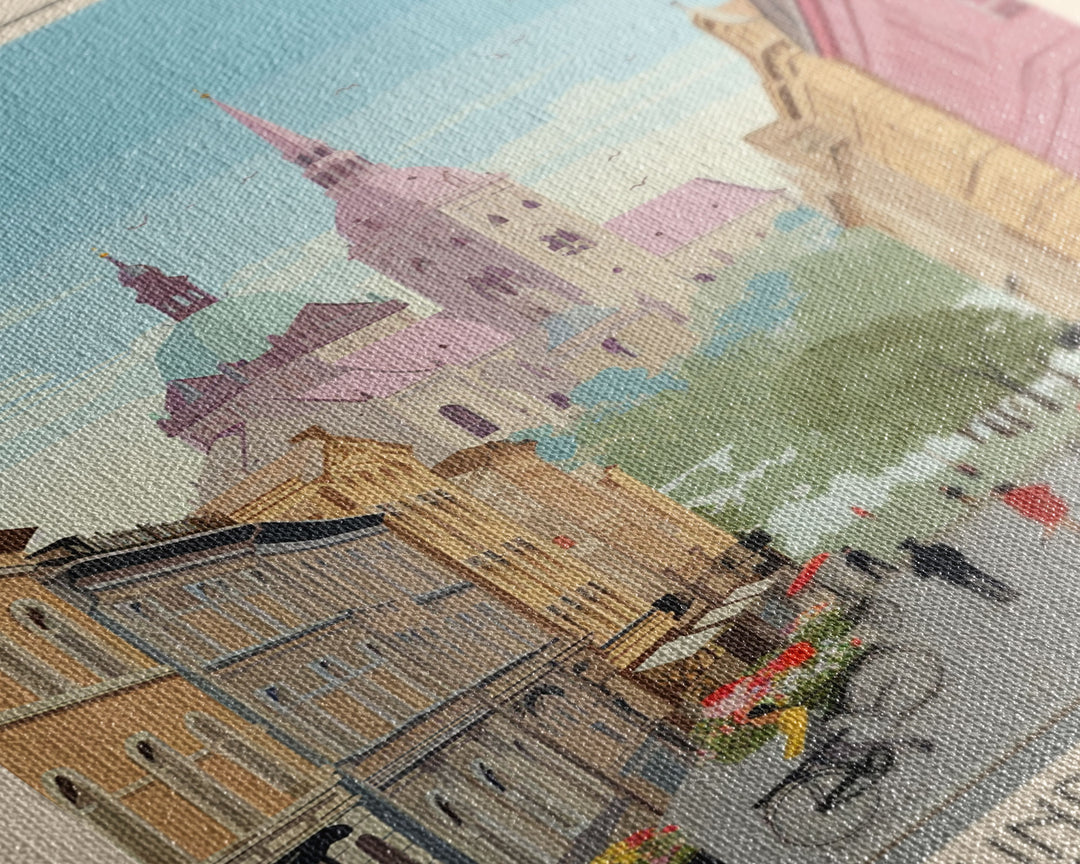 Lviv Ukraine Travel Poster Framed Canvas Print, Wall Decor, Midcentury Modern Art, Pop Art, Scenic Art for Home and Office