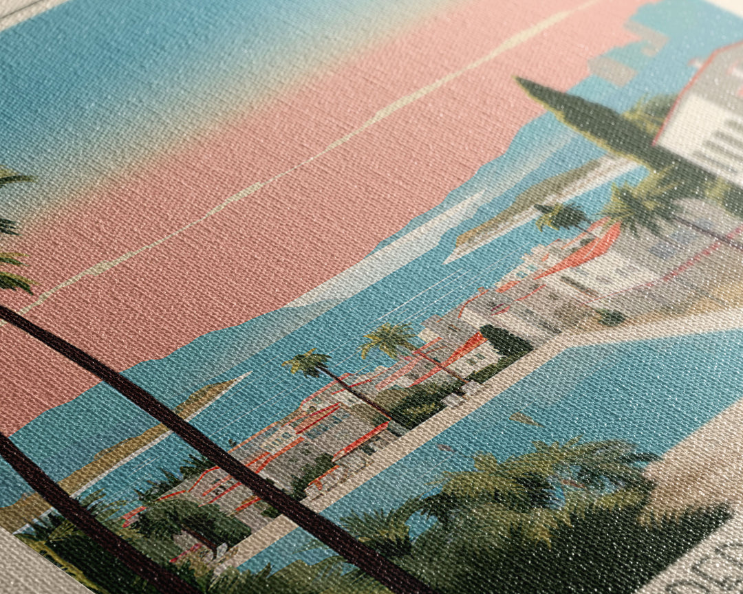 Marbella Spain Travel Poster Framed Canvas Print, Midcentury Modern Art, Pop Art Wall Decor, Scenic Living Room Art, Bedroom Decor