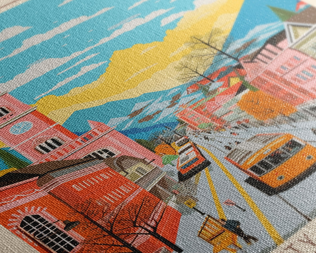 Michalovce Slovakia Travel Poster Framed Canvas Print, Midcentury Modern Art, Pop Art Wall Decor, Scenic Wall Art, Living Room Decoration, Office Art