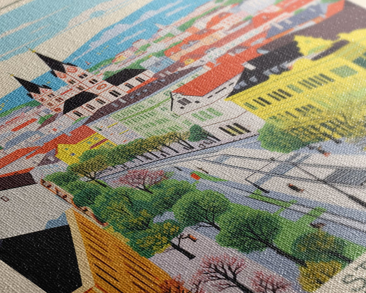 Miskolc Hungary Travel Poster Framed Canvas Print, Midcentury Modern Art, Pop Art Wall Decor, Scenic Living Room Art, Bedroom Decor