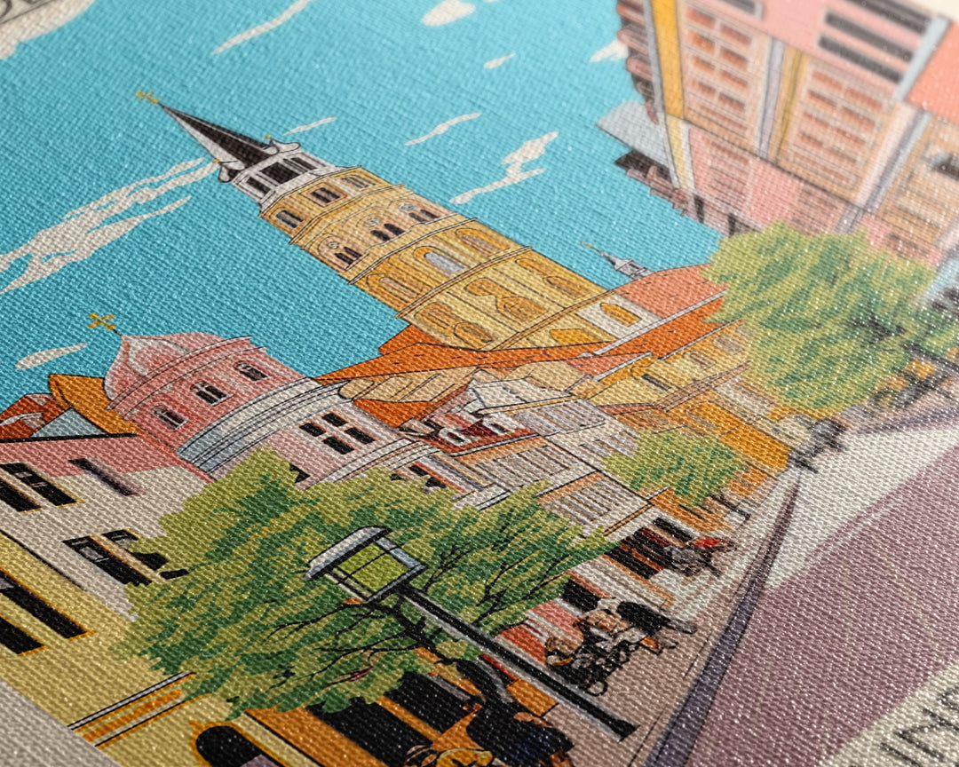 Mönchengladbach Germany Travel Poster Framed Canvas Print, Midcentury Modern Art, Pop Art Wall Decor, Scenic Living Room Art, Bedroom Gift