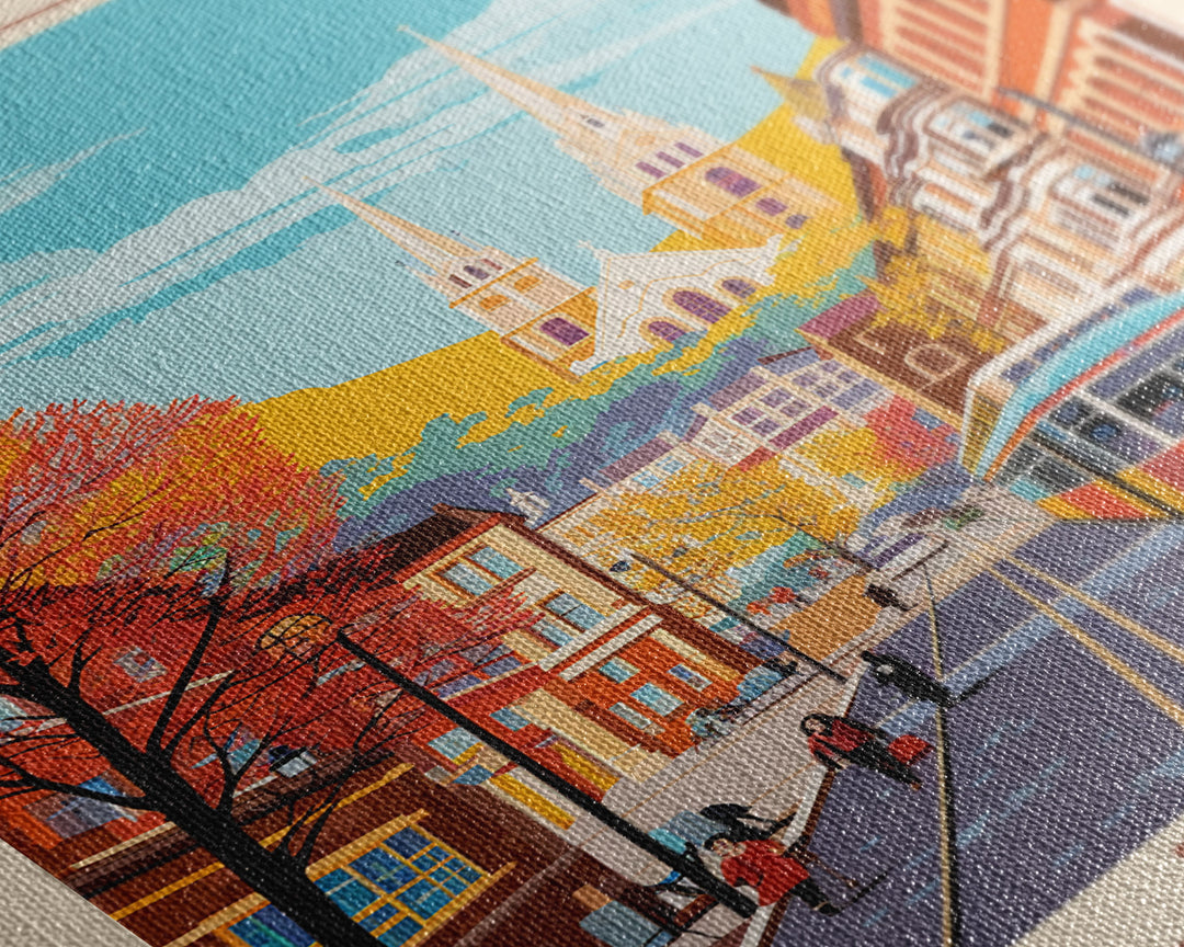 Mons Belgium Travel Poster Framed Canvas Print, Midcentury Modern Art, Pop Art Wall Decor, Home Decor, Vacation Gift, Office Art