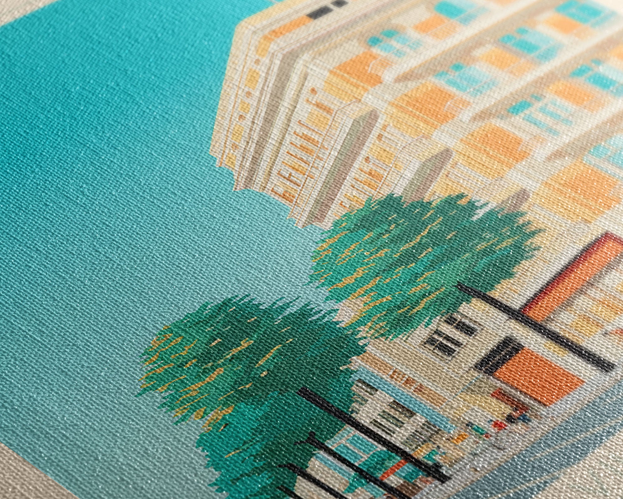 Mostoles Spain Travel Poster Framed Canvas Print, Midcentury Modern Art, Pop Art Wall Decor, Home Decor, Vacation Gift, Office Art