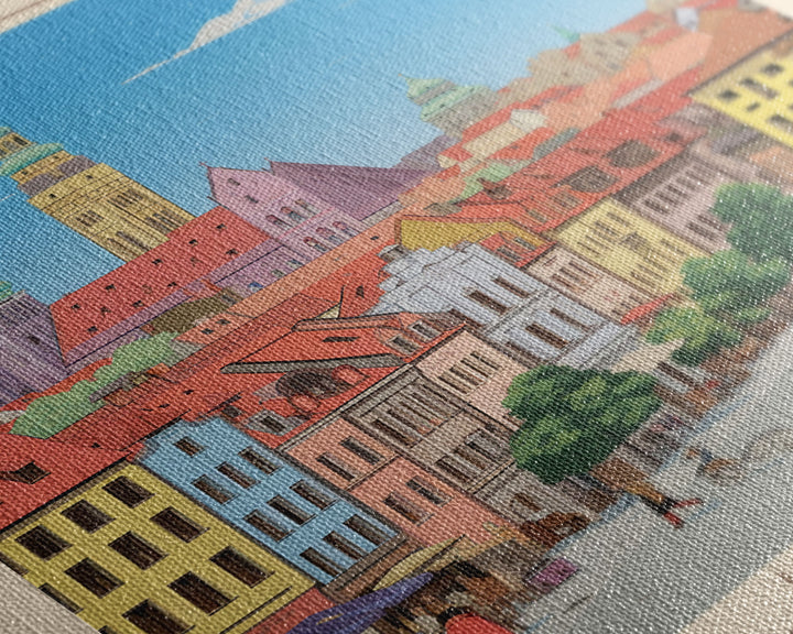 Olsztyn Poland Travel Poster Framed Canvas Print, Midcentury Modern Art, Pop Art Wall Decor, Scenic Wall Art, Bedroom Decoration