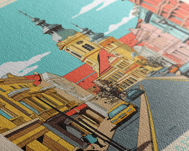 Oradea Romania Travel Poster Framed Canvas Print, Midcentury Modern Art, Pop Art Wall Decor, Scenic Bedroom Art, Office Decoration