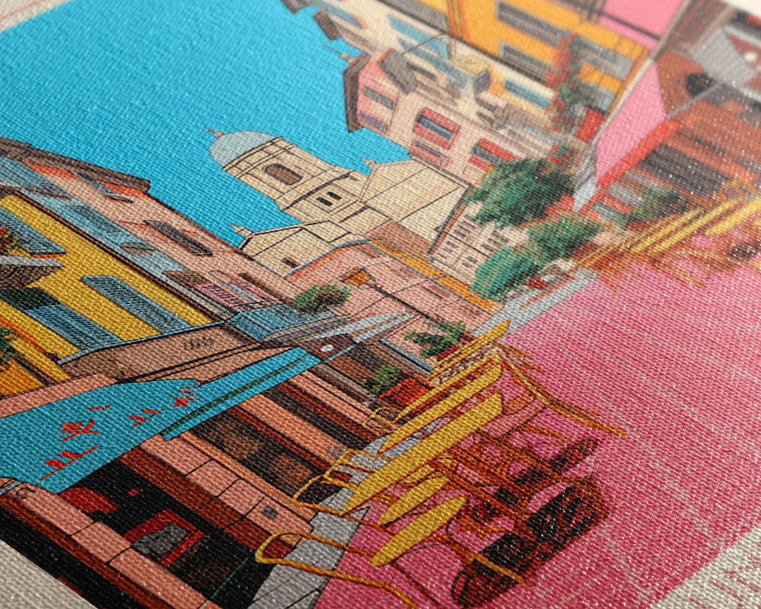 Oviedo Spain Travel Poster Framed Canvas Print, Midcentury Modern Art, Pop Art Wall Decor, Scenic Wall Art, Bedroom Decoration