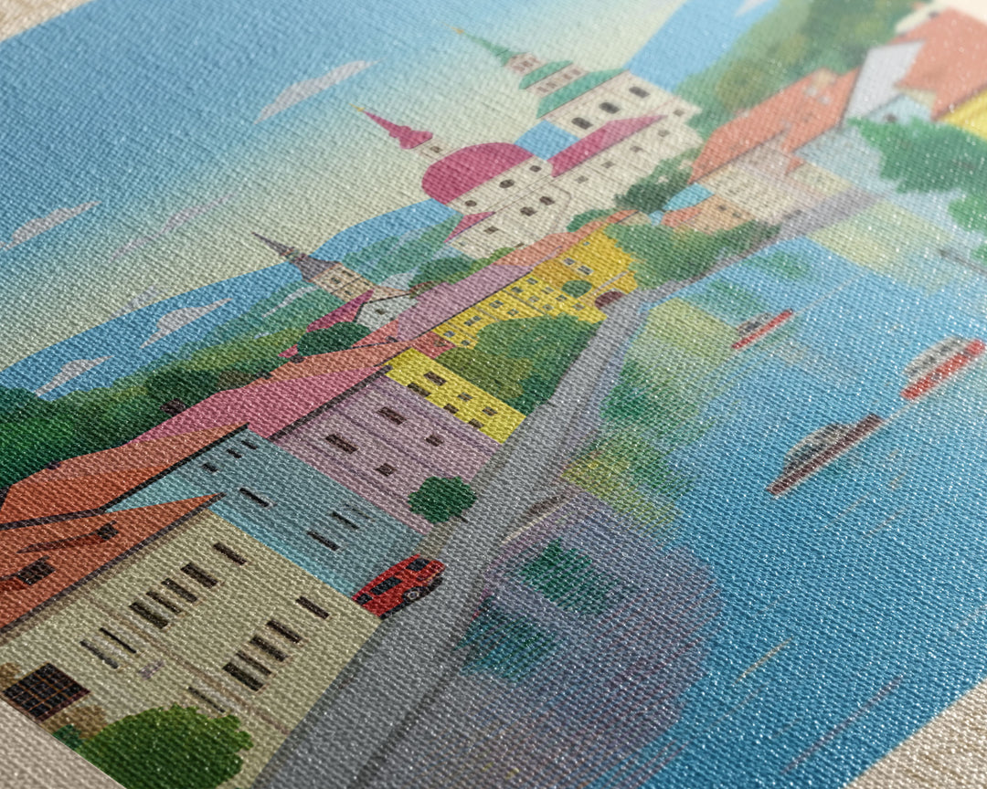 Považská Bystrica Slovakia Travel Poster Framed Canvas Print, Midcentury Modern Art, Pop Art Wall Decor, Scenic Wall Art, Living Room Decoration, Office Art