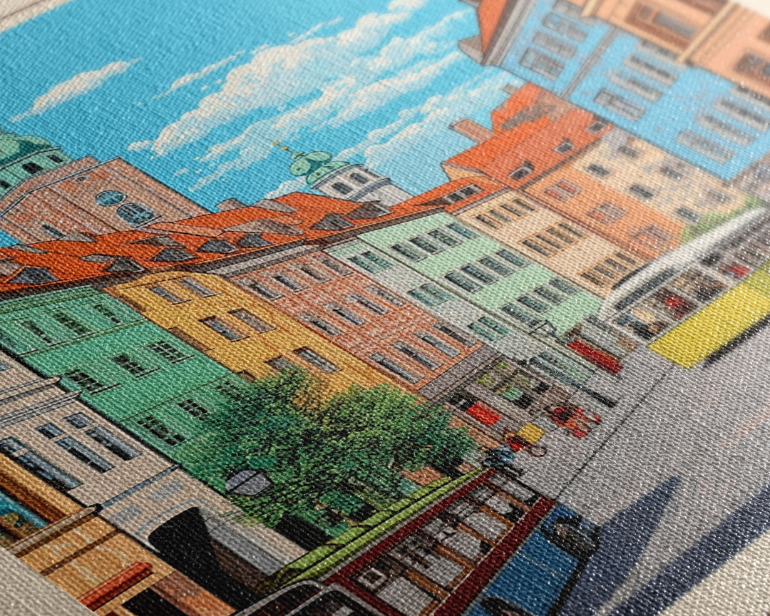 Poznań Poland Travel Poster Framed Canvas Print, Midcentury Modern Art, Pop Art Wall Decor, Scenic Bedroom Art, Office Decoration