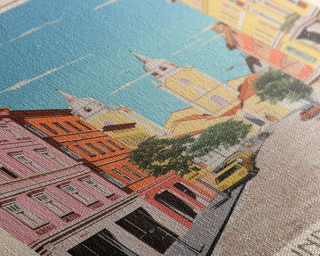 Queluz Portugal Travel Poster Framed Canvas Print, Midcentury Modern Art, Pop Art Wall Decor, Scenic Bedroom Art, Office Decoration