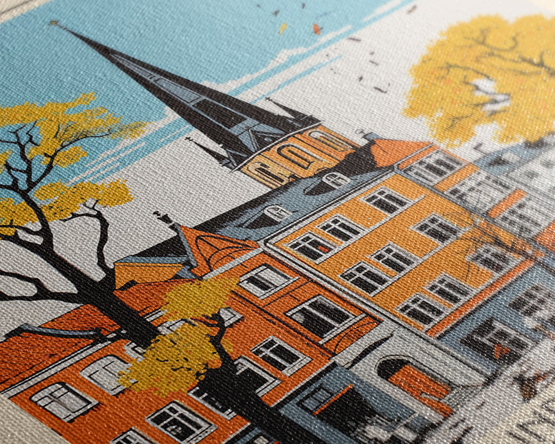 Roskilde Denmark Travel Poster Framed Canvas Print, Midcentury Modern Art, Pop Art Wall Decor, Scenic Living Room Art, Bedroom Gift