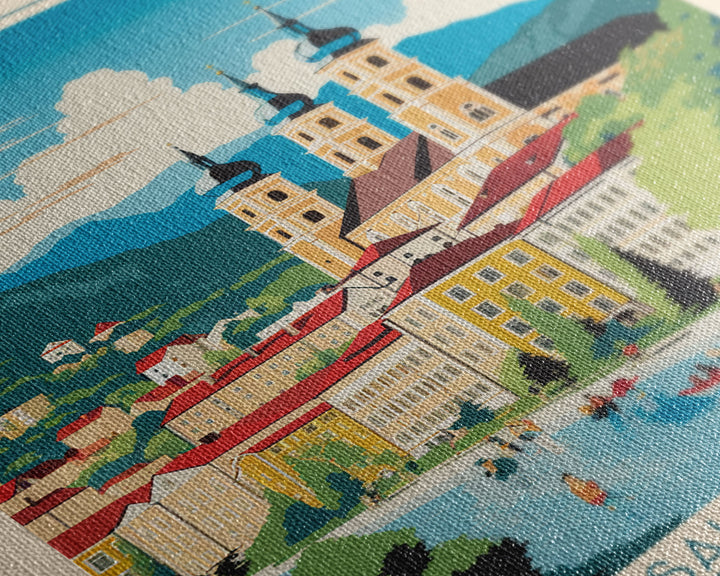 Salzburg Austria Travel Poster Framed Canvas Print, Midcentury Modern Art, Pop Art Wall Decor, Scenic Wall Art, Bedroom Art