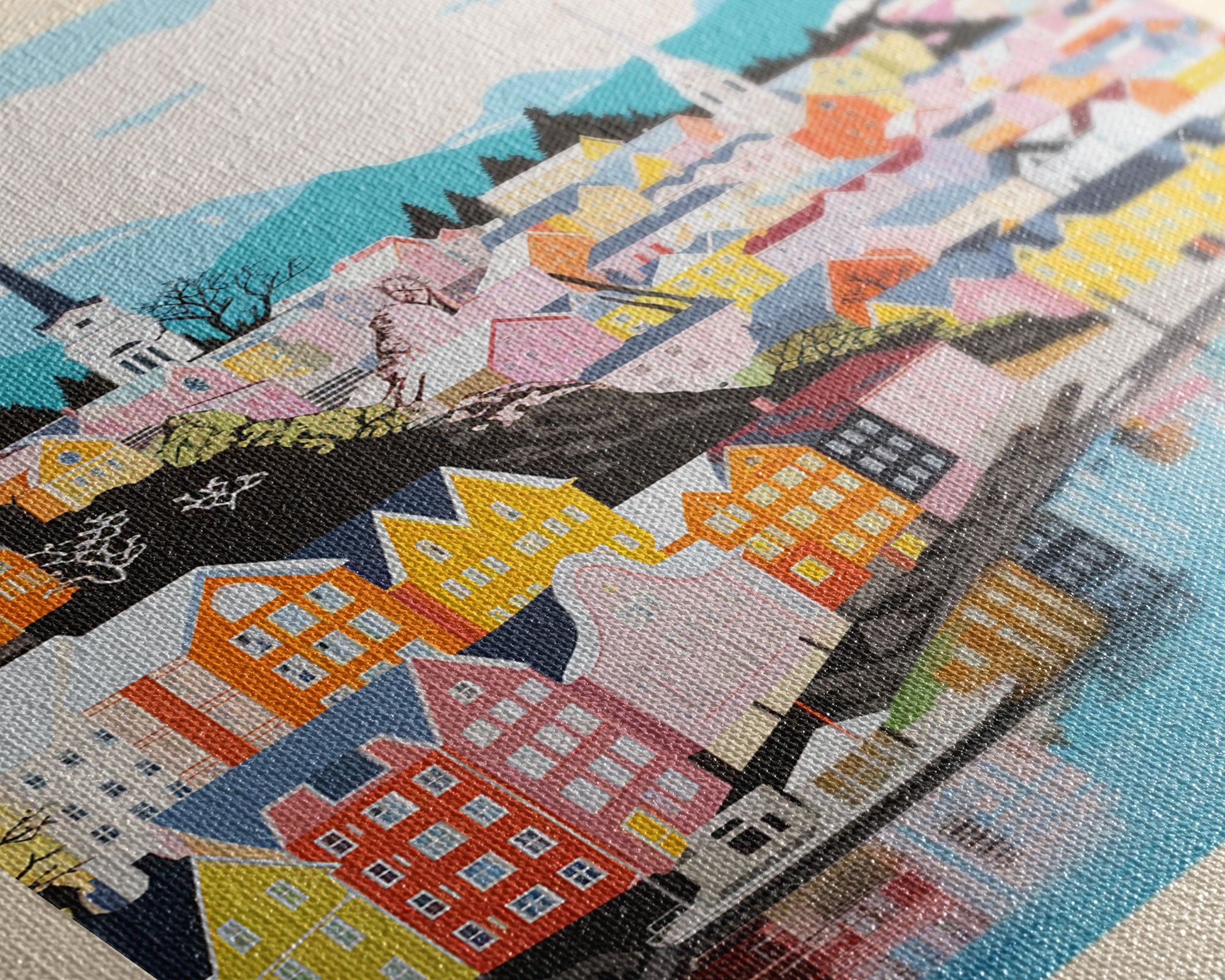 Skien Norway Travel Poster Framed Canvas Print, Midcentury Modern Art, Pop Art Wall Decor, Scenic Wall Art, Bedroom Art