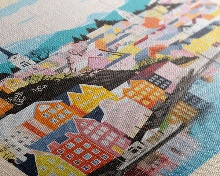 Skien Norway Travel Poster Framed Canvas Print, Midcentury Modern Art, Pop Art Wall Decor, Scenic Wall Art, Bedroom Art