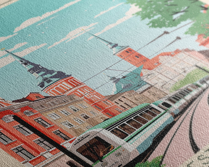 Szczecin Poland Travel Poster Framed Canvas Print, Midcentury Modern Art, Pop Art Wall Decor, Living Room Art, Scenic Wall Art