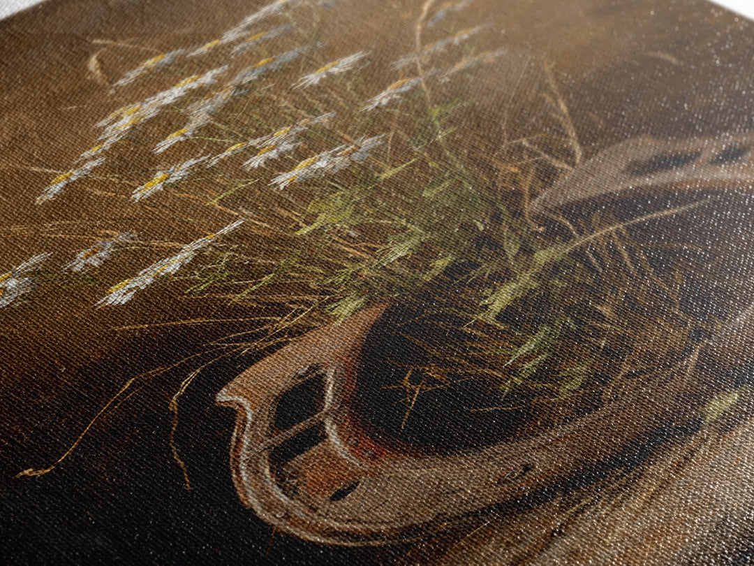 Weathered Horseshoe and Wildflowers Canvas Print, Farmhouse Art, Digital Print, Farmhouse Decor, Oil Painting, Harvest, FAR-1x3-33