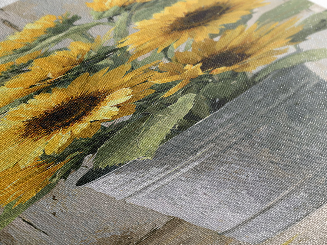 Sunflowers in a Galvanized Metal Bucket Canvas Print, Farmhouse Art, Digital Art, Farmhouse Decor, Oil Painting, Harvest, FAR-1x3-39