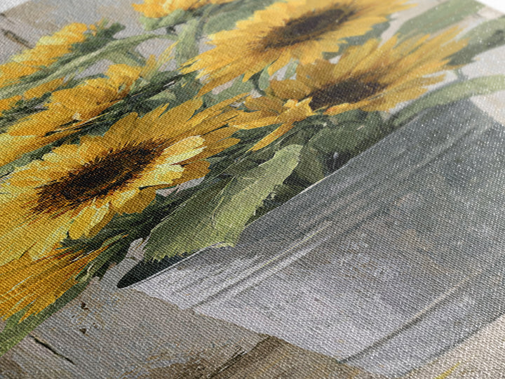 Sunflowers in a Galvanized Metal Bucket Canvas Print, Farmhouse Art, Digital Art, Farmhouse Decor, Oil Painting, Harvest, FAR-1x3-39