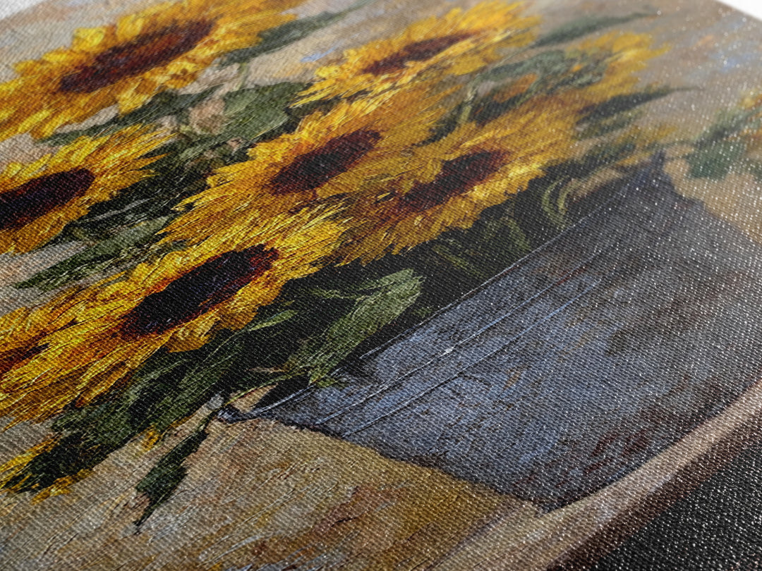 Sunflowers in a Galvanized Metal Bucket Framed Canvas Print, Farmhouse Art, Landscape Painting, Farmhouse Decor, Harvest, FAR-1x3-87