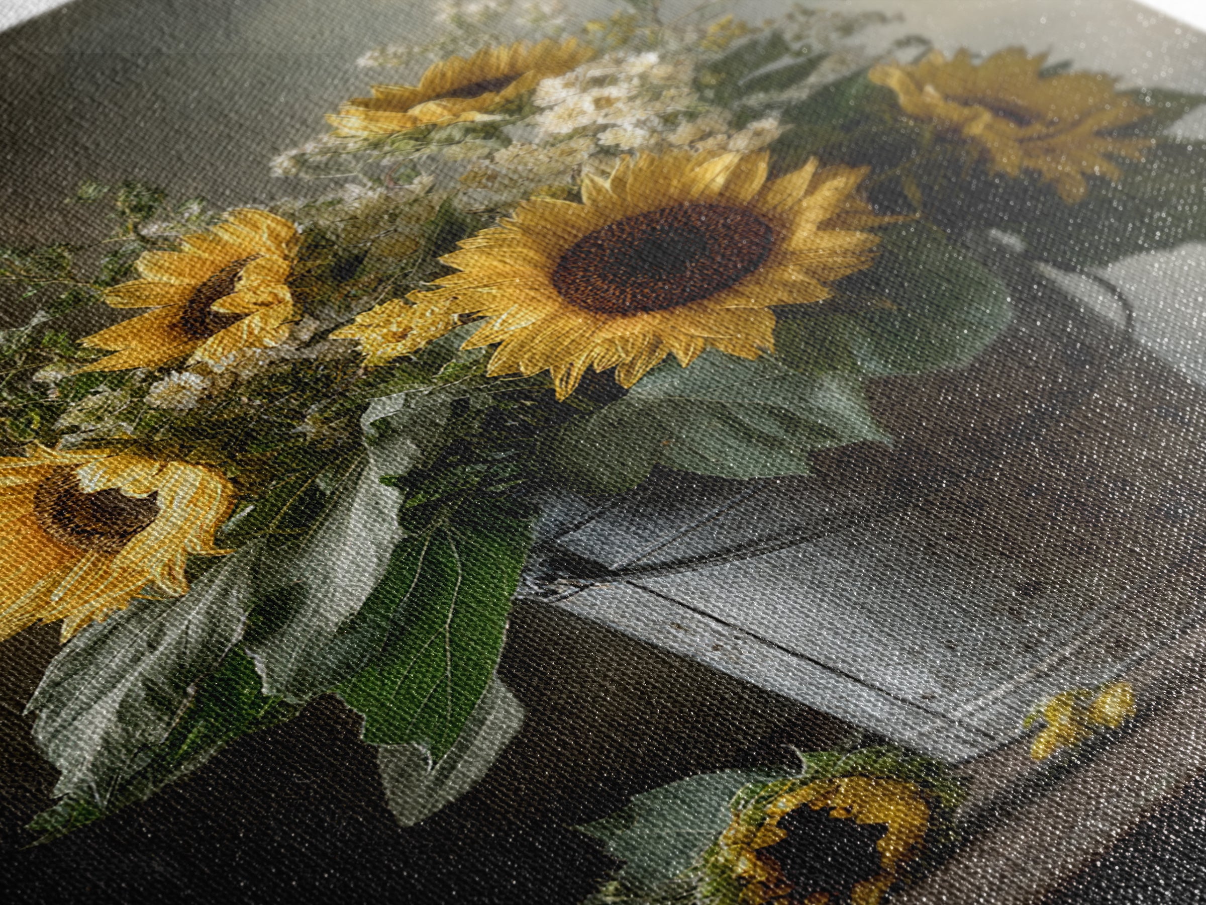 Sunflowers in a Galvanized Metal Bucket Canvas Print, Farmhouse Art, Botanical Art, Farmhouse Decor, Fine Art, Harvest, FAR-2x3-11