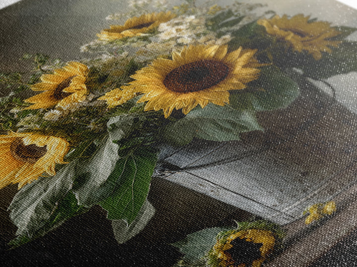 Sunflowers in a Galvanized Metal Bucket Canvas Print, Farmhouse Art, Botanical Art, Farmhouse Decor, Fine Art, Harvest, FAR-2x3-11