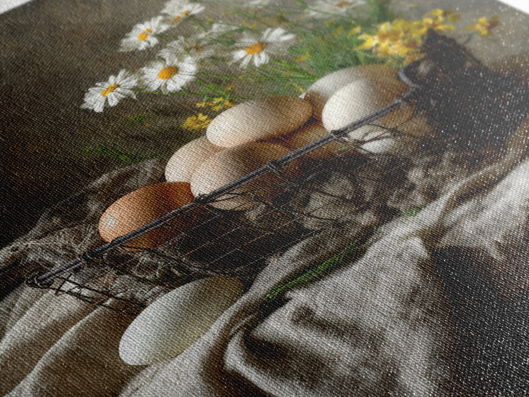 Fresh Eggs in a Wire Basket Canvas Print, Farmhouse Art, Art Print, Farmhouse Decor, Oil Painting, Harvest, Digital Art, FAR-2x3-14
