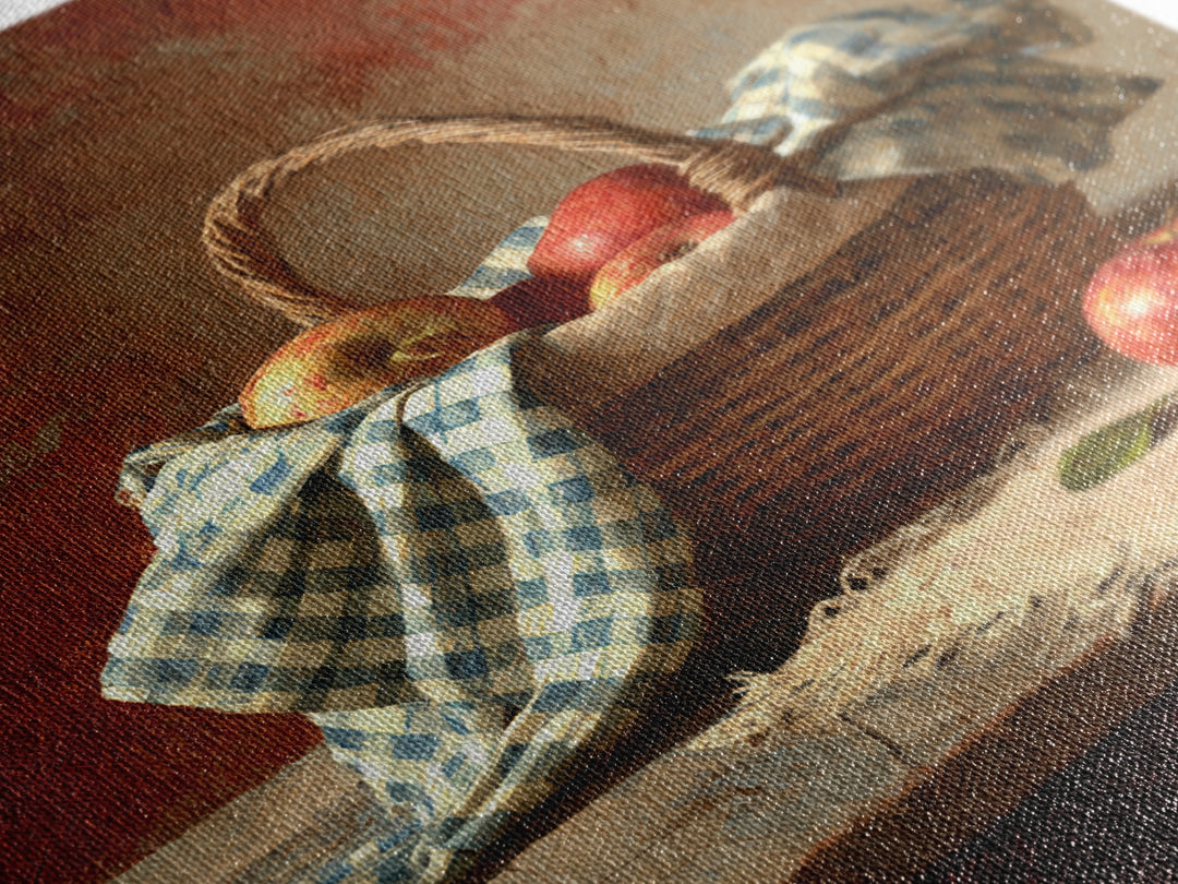Apple Basket with Gingham Cloth Framed Canvas Print, Farmhouse Art, Neutral Decor, Farmhouse Decor, Fine Art, Harvest, FAR-2x3-19