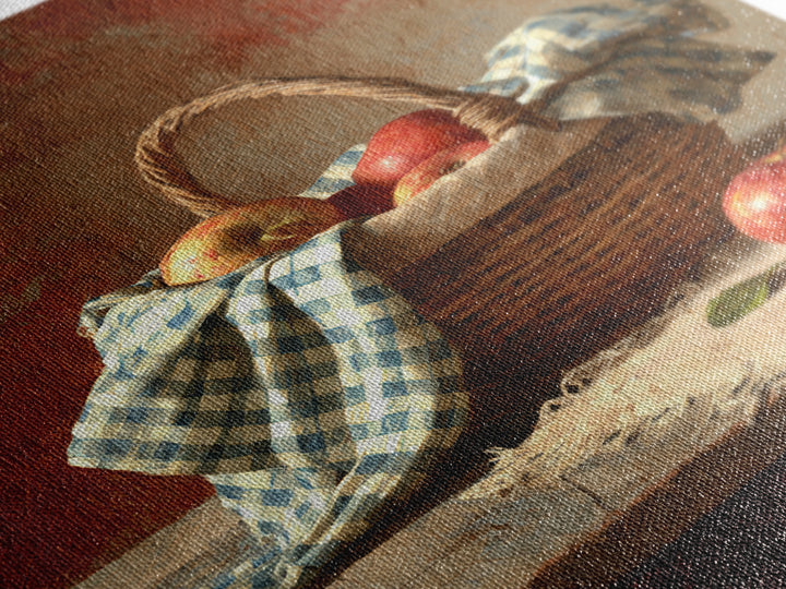 Apple Basket with Gingham Cloth Framed Canvas Print, Farmhouse Art, Neutral Decor, Farmhouse Decor, Fine Art, Harvest, FAR-2x3-19