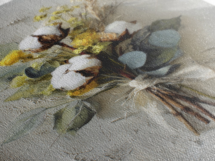 Farmhouse Wreath of Cotton Stems and Eucalyptus Canvas Print, Farmhouse Art, Statement Artwork, Farmhouse Decor, Harvest, FAR-2x3-4