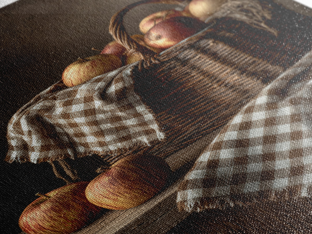 Apple Basket with Gingham Cloth Framed Canvas Print, Farmhouse Art, Contemporary Art, Farmhouse Decor, Fine Art, Harvest, FAR-2x3-43