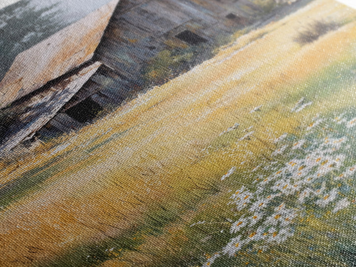 Rustic Barn in Golden Field Light Canvas Print, Farmhouse Art, Digital Prints, Farmhouse Decor, Harvest, Watercolor Painting, FAR-2x3-58