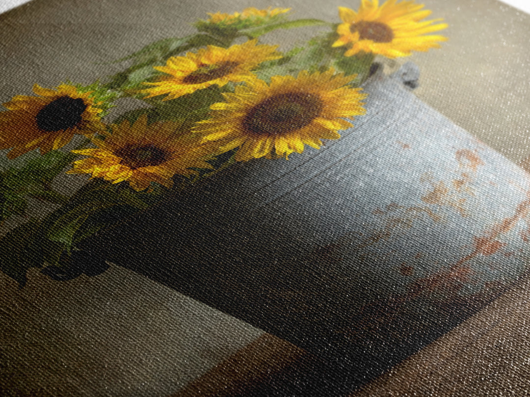 Sunflowers in a Galvanized Metal Bucket Framed Canvas Print, Farmhouse Art, Art, Farmhouse Decor, Watercolor Art, Harvest, FAR-2x3-59
