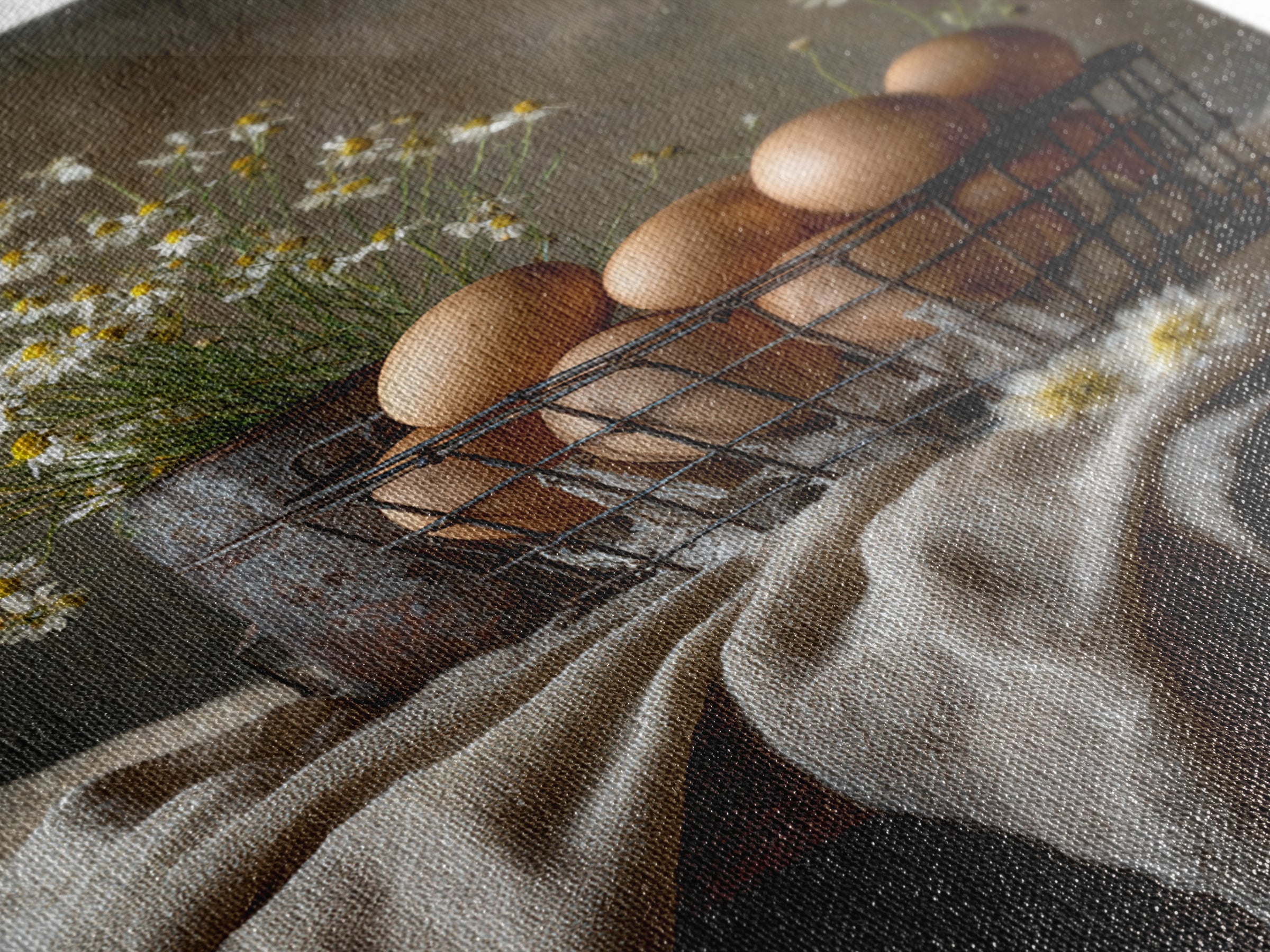 Fresh Eggs in a Wire Basket Canvas Print, Farmhouse Art, Farmhouse Decor, Abstract Art, Harvest, Sage Green Wall Art, FAR-2x3-62
