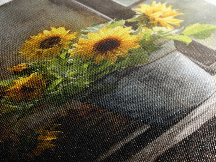 Sunflowers in a Galvanized Metal Bucket Framed Canvas Print, Farmhouse Art, Living Room Decor, Farmhouse Decor, Harvest, FAR-2x3-83
